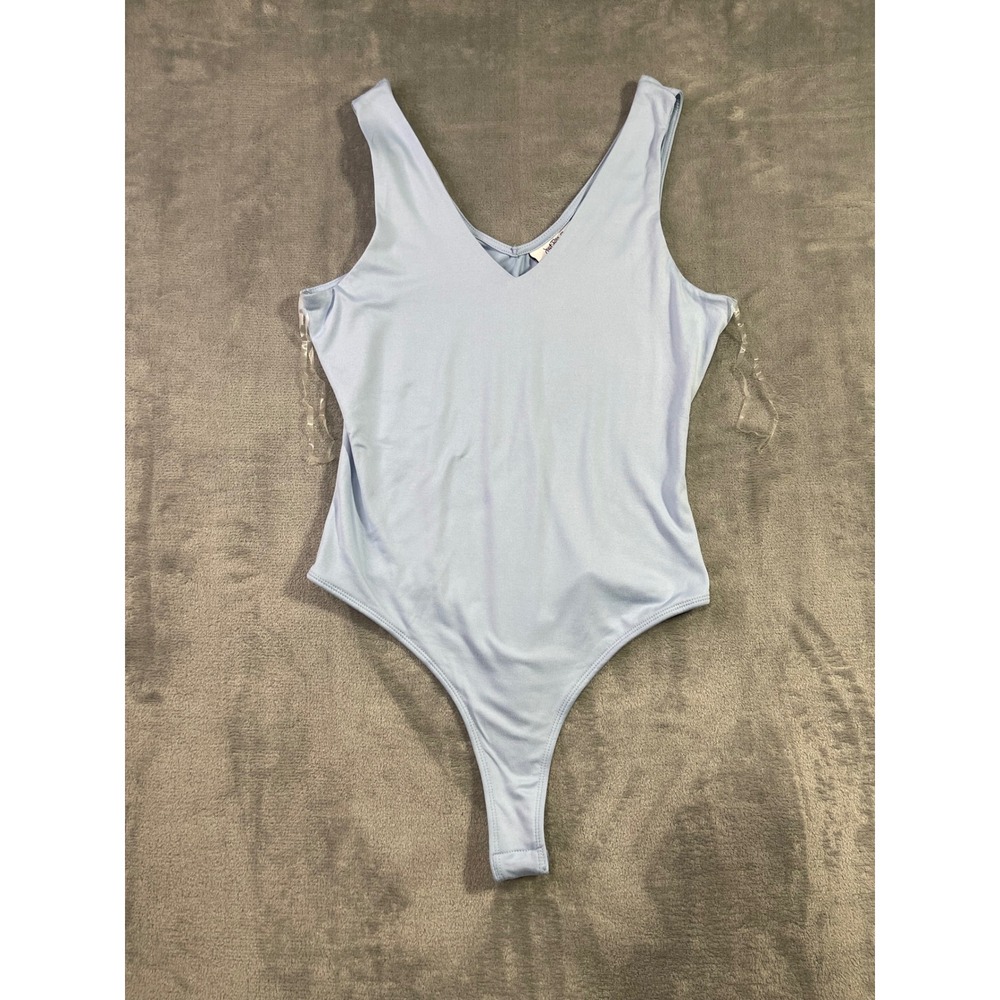 Just Polly New‎ York Light Blue V-Neck Thong Bodysuit Womens Large NWT